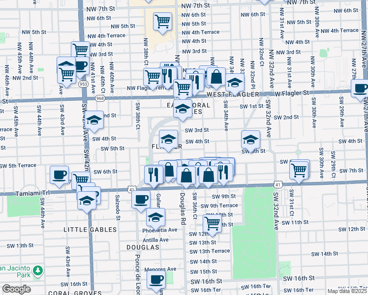 map of restaurants, bars, coffee shops, grocery stores, and more near 411 Southwest 37th Avenue in Miami