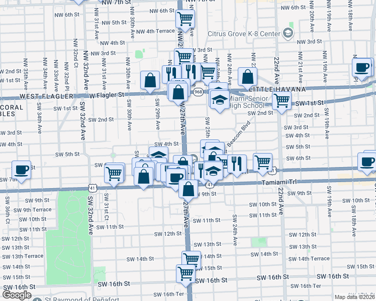 map of restaurants, bars, coffee shops, grocery stores, and more near 2601 Southwest 4th Street in Miami