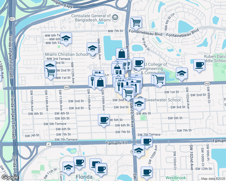 map of restaurants, bars, coffee shops, grocery stores, and more near 10841 Florida 968 in Miami