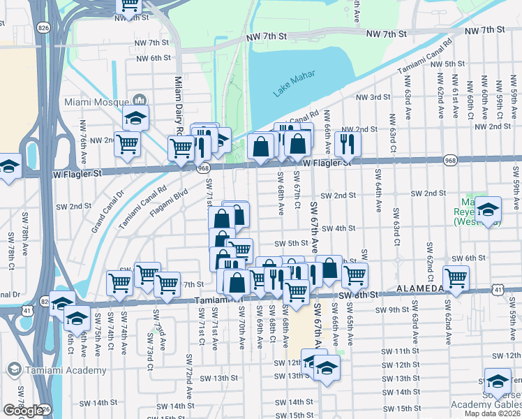 map of restaurants, bars, coffee shops, grocery stores, and more near 6840 Southwest 2nd Street in Miami
