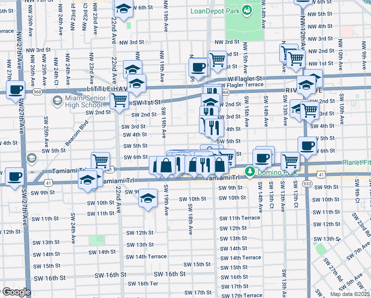 map of restaurants, bars, coffee shops, grocery stores, and more near 1799 Southwest 5th Street in Miami