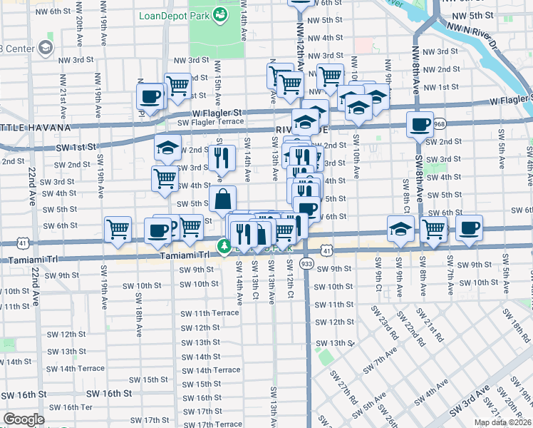 map of restaurants, bars, coffee shops, grocery stores, and more near 1330 Southwest 5th Street in Miami