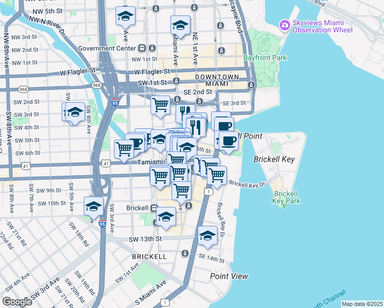 map of restaurants, bars, coffee shops, grocery stores, and more near 5 Southeast 6th Street in Miami