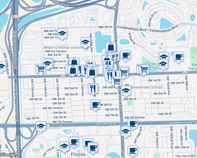 map of restaurants, bars, coffee shops, grocery stores, and more near 10900 Florida 968 in Miami