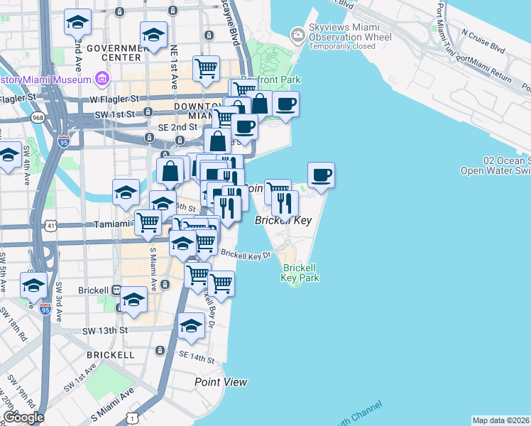 map of restaurants, bars, coffee shops, grocery stores, and more near 801 Brickell Key Boulevard in Miami