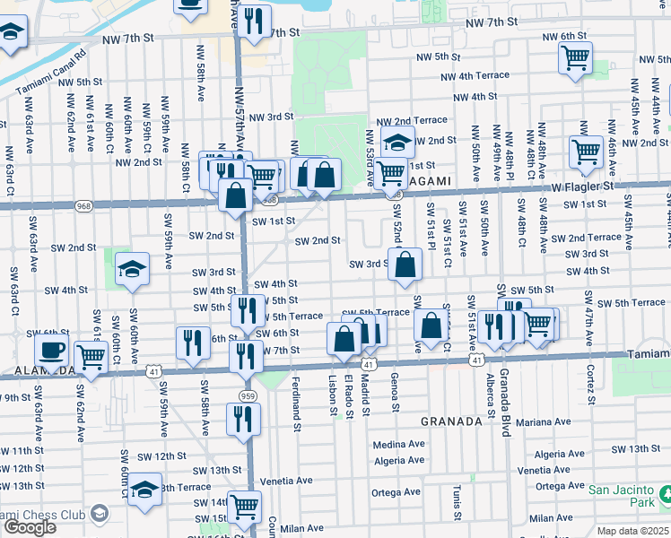 map of restaurants, bars, coffee shops, grocery stores, and more near 231 Southwest 54th Avenue in Coral Gables
