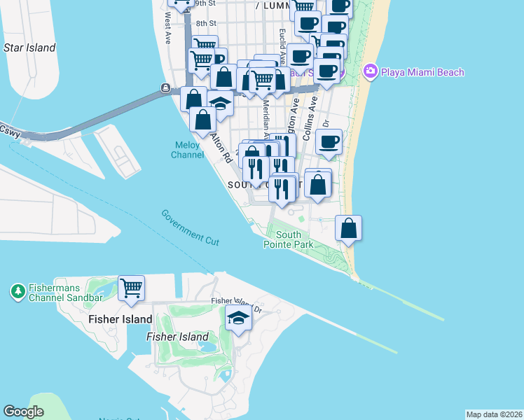 map of restaurants, bars, coffee shops, grocery stores, and more near 801 South Pointe Drive in Miami Beach
