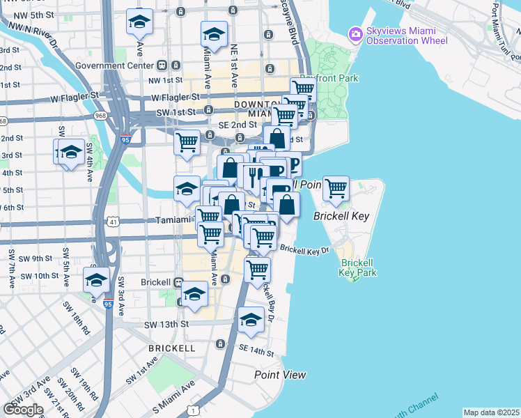 map of restaurants, bars, coffee shops, grocery stores, and more near 501 Brickell Avenue in Miami