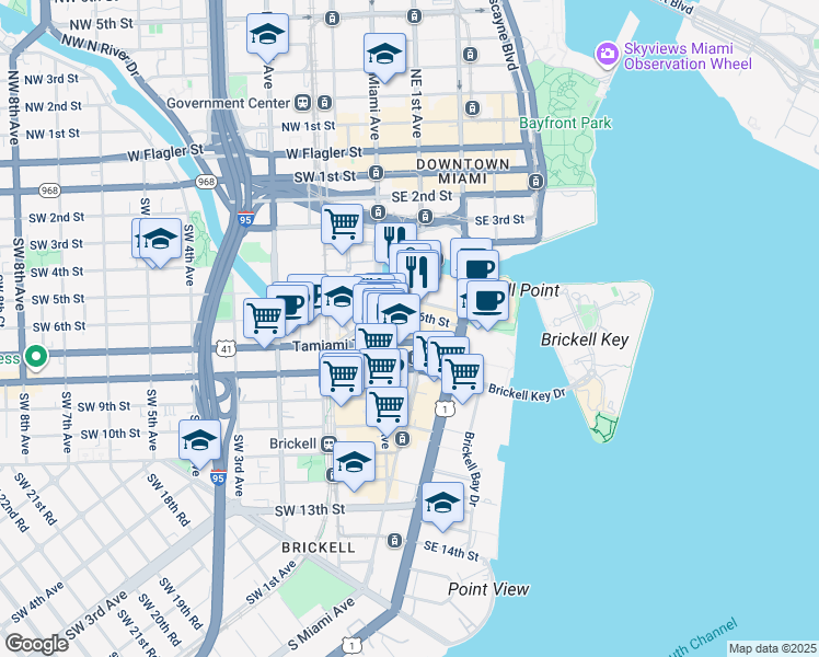 map of restaurants, bars, coffee shops, grocery stores, and more near 5 Southeast 6th Street in Miami