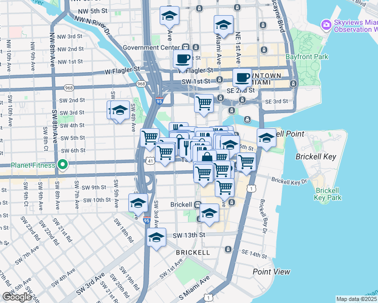 map of restaurants, bars, coffee shops, grocery stores, and more near 609 Southwest 1st Avenue in Miami