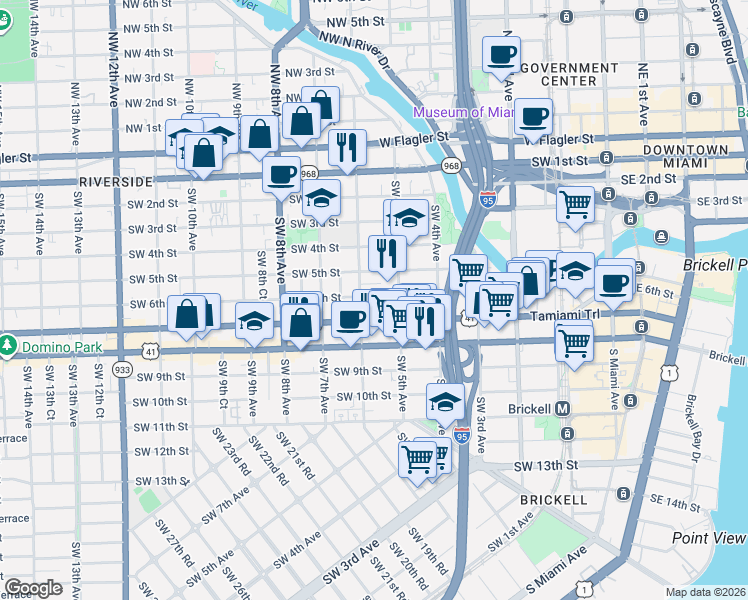 map of restaurants, bars, coffee shops, grocery stores, and more near 562 Southwest 5th Street in Miami