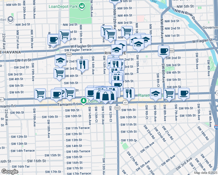 map of restaurants, bars, coffee shops, grocery stores, and more near 1244 Southwest 5th Street in Miami