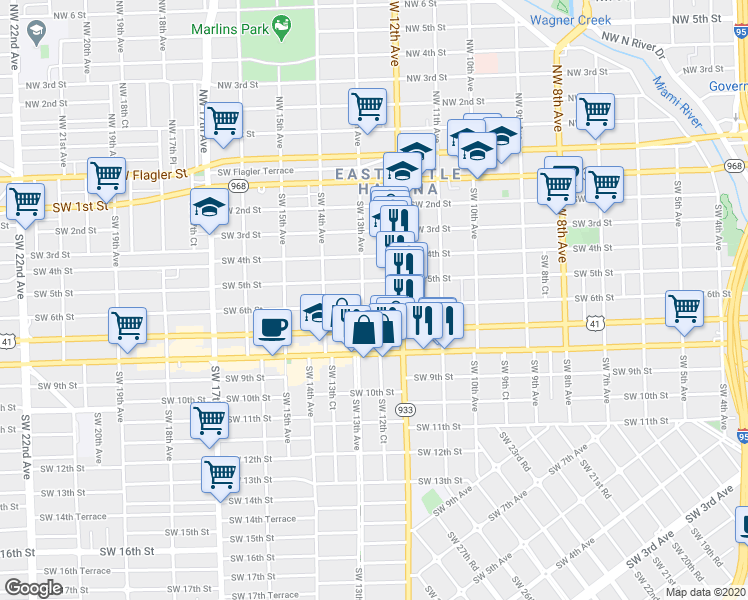 map of restaurants, bars, coffee shops, grocery stores, and more near 1244 Southwest 5th Street in Miami