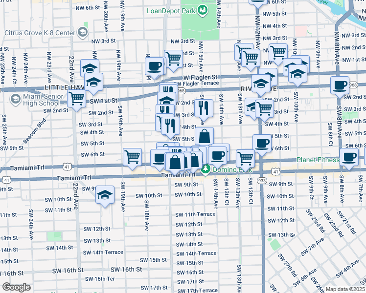 map of restaurants, bars, coffee shops, grocery stores, and more near 1600 Southwest 5th Street in Miami