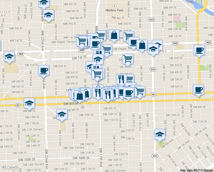 map of restaurants, bars, coffee shops, grocery stores, and more near 1600 Southwest 5th Street in Miami