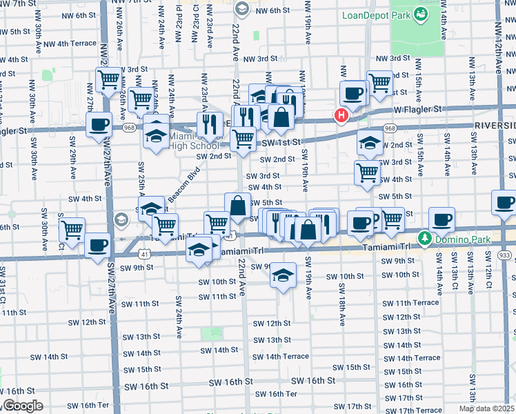 map of restaurants, bars, coffee shops, grocery stores, and more near 427 Southwest 21st Avenue in Miami