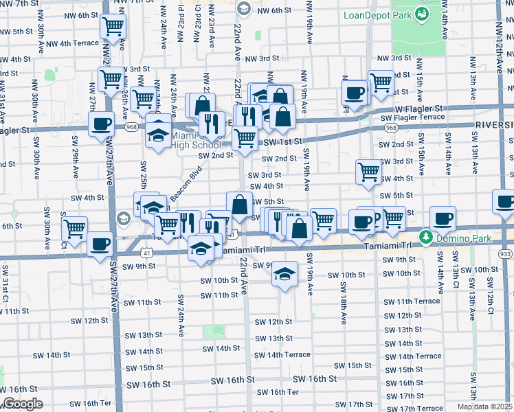 map of restaurants, bars, coffee shops, grocery stores, and more near 405-425 Southwest 22nd Court in Miami