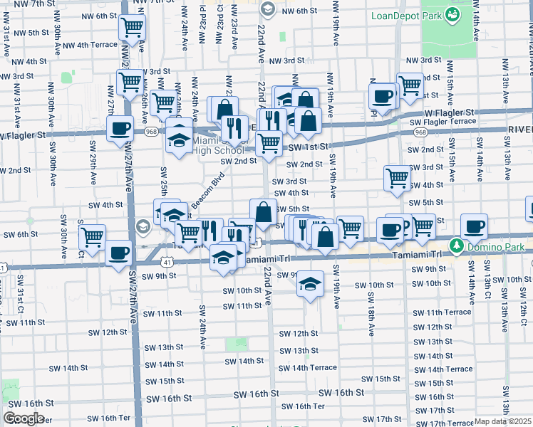 map of restaurants, bars, coffee shops, grocery stores, and more near 405-425 Southwest 22nd Court in Miami