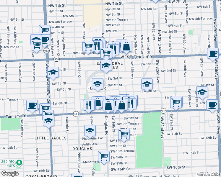 map of restaurants, bars, coffee shops, grocery stores, and more near 3665 Southwest 4th Street in Miami