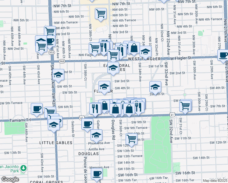 map of restaurants, bars, coffee shops, grocery stores, and more near 3665 Southwest 4th Street in Miami