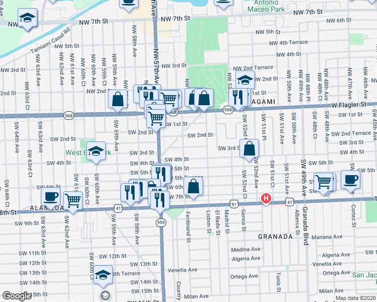 map of restaurants, bars, coffee shops, grocery stores, and more near 5597 Southwest 3rd Street in Coral Gables