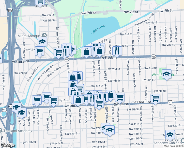 map of restaurants, bars, coffee shops, grocery stores, and more near 6840 Southwest 2nd Street in Miami