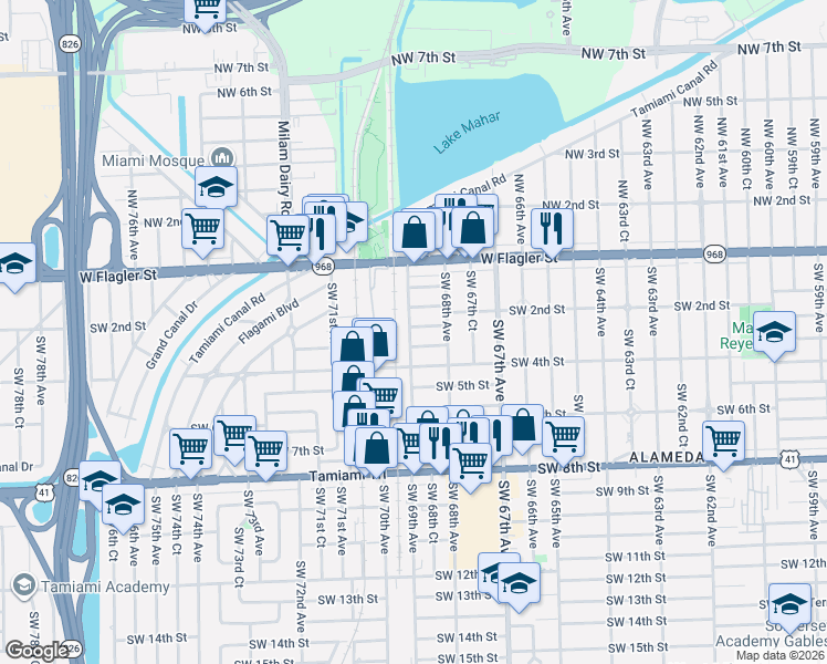 map of restaurants, bars, coffee shops, grocery stores, and more near 6840 Southwest 2nd Street in Miami