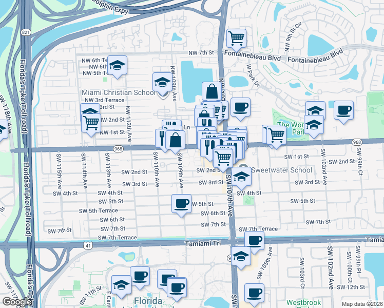 map of restaurants, bars, coffee shops, grocery stores, and more near 10841 Florida 968 in Miami
