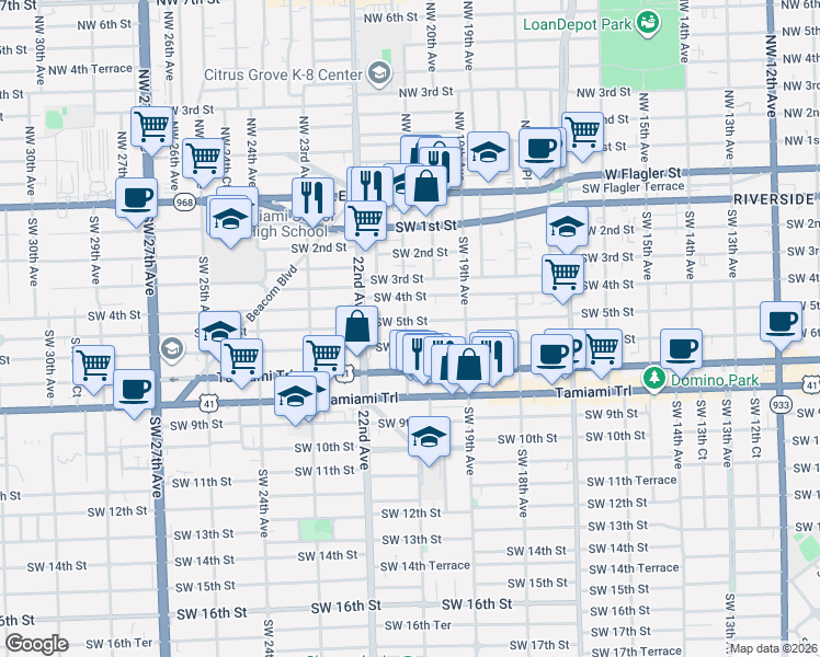 map of restaurants, bars, coffee shops, grocery stores, and more near 427 Southwest 21st Avenue in Miami