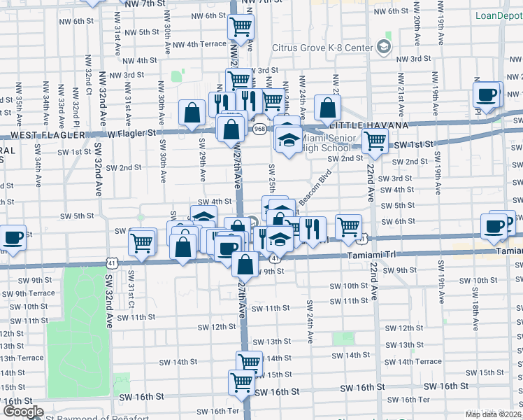 map of restaurants, bars, coffee shops, grocery stores, and more near 2601 Southwest 4th Street in Miami