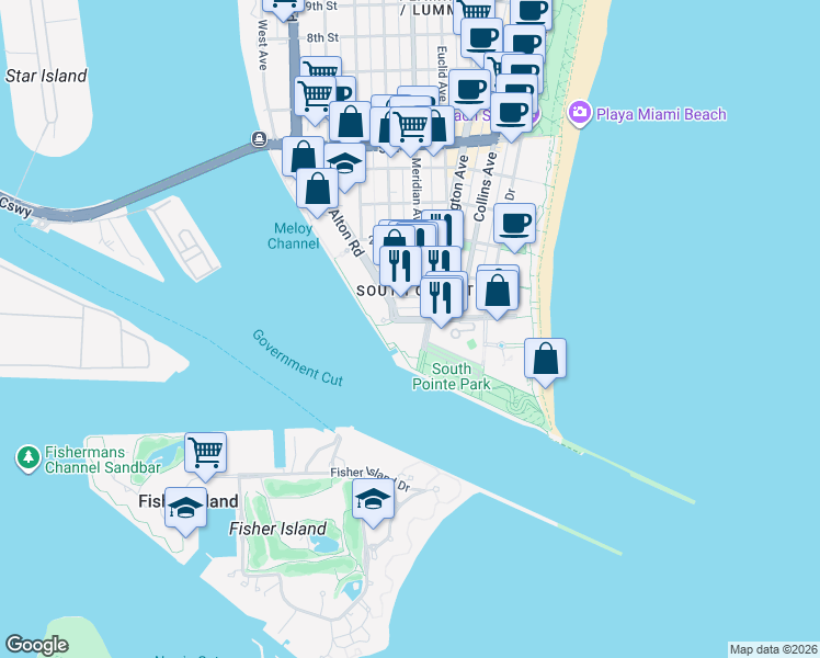map of restaurants, bars, coffee shops, grocery stores, and more near 801 South Pointe Drive in Miami Beach