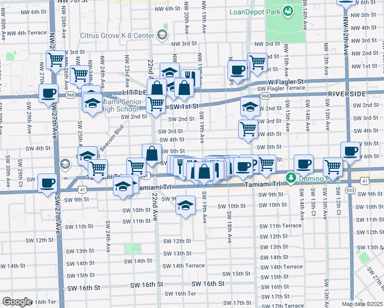 map of restaurants, bars, coffee shops, grocery stores, and more near 1939 Southwest 5th Street in Miami