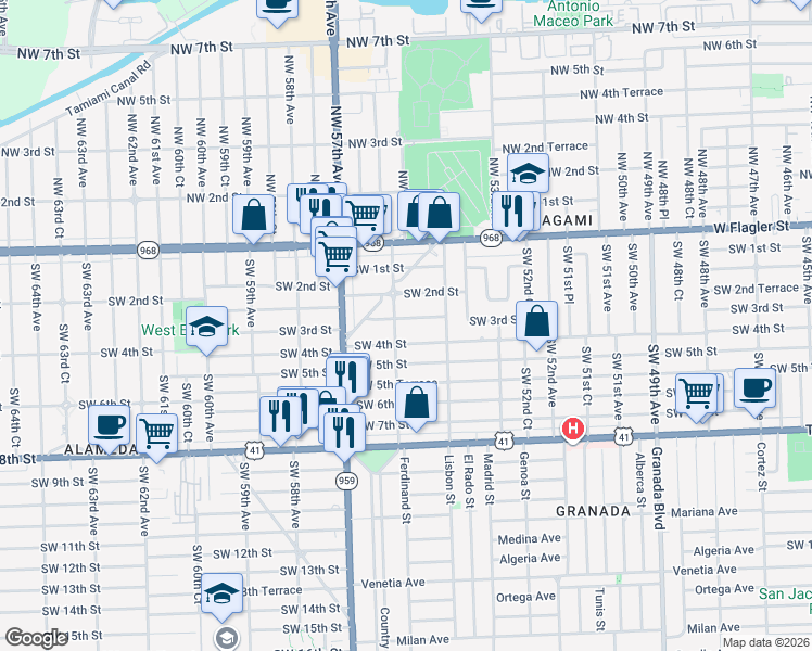 map of restaurants, bars, coffee shops, grocery stores, and more near 5597 Southwest 3rd Street in Coral Gables