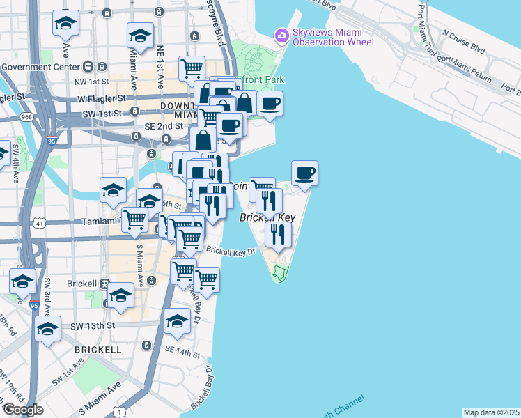map of restaurants, bars, coffee shops, grocery stores, and more near 900 Brickell Key Boulevard in Miami