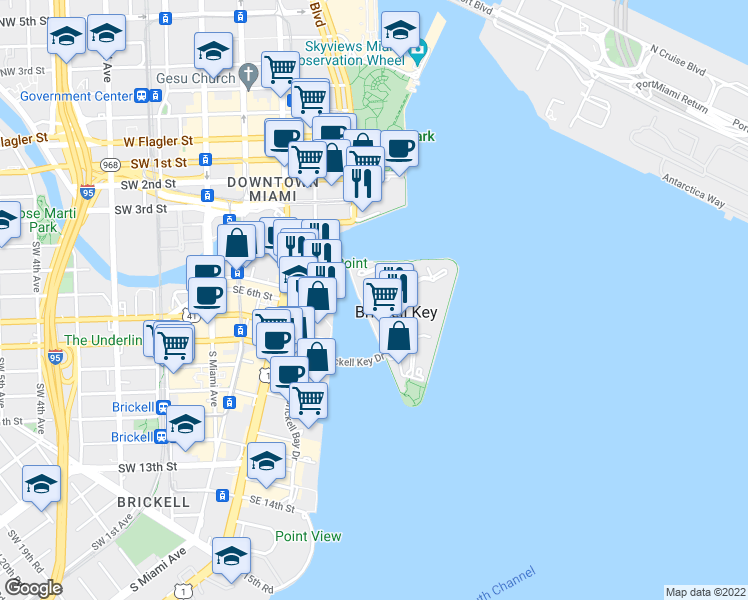 map of restaurants, bars, coffee shops, grocery stores, and more near 801 Brickell Key Boulevard in Miami