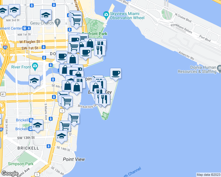 map of restaurants, bars, coffee shops, grocery stores, and more near 540 Brickell Key Drive in Miami