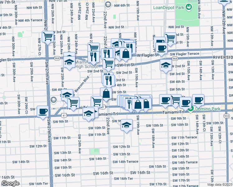 map of restaurants, bars, coffee shops, grocery stores, and more near 427 Southwest 21st Avenue in Miami