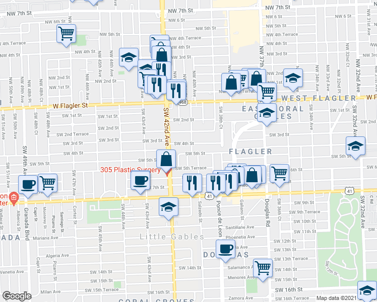 map of restaurants, bars, coffee shops, grocery stores, and more near 4001 Southwest 5th Street in Miami