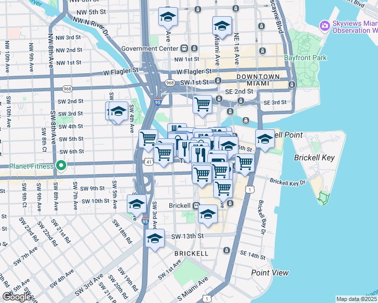 map of restaurants, bars, coffee shops, grocery stores, and more near 609 Southwest 1st Avenue in Miami
