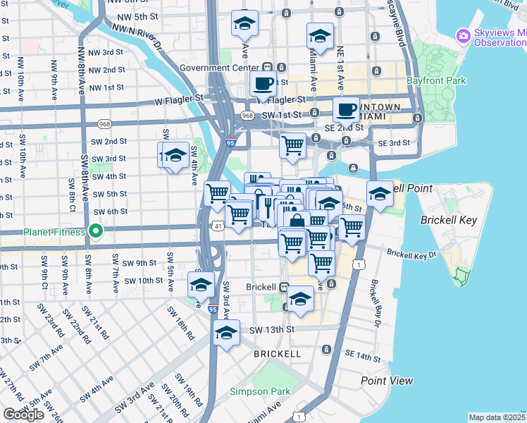 map of restaurants, bars, coffee shops, grocery stores, and more near 609 Southwest 1st Avenue in Miami