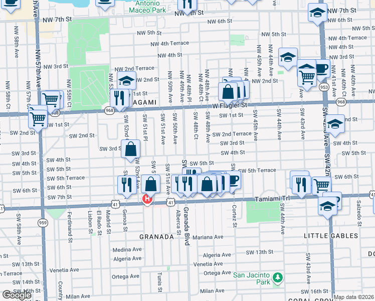 map of restaurants, bars, coffee shops, grocery stores, and more near 301 Southwest 49th Avenue in Coral Gables