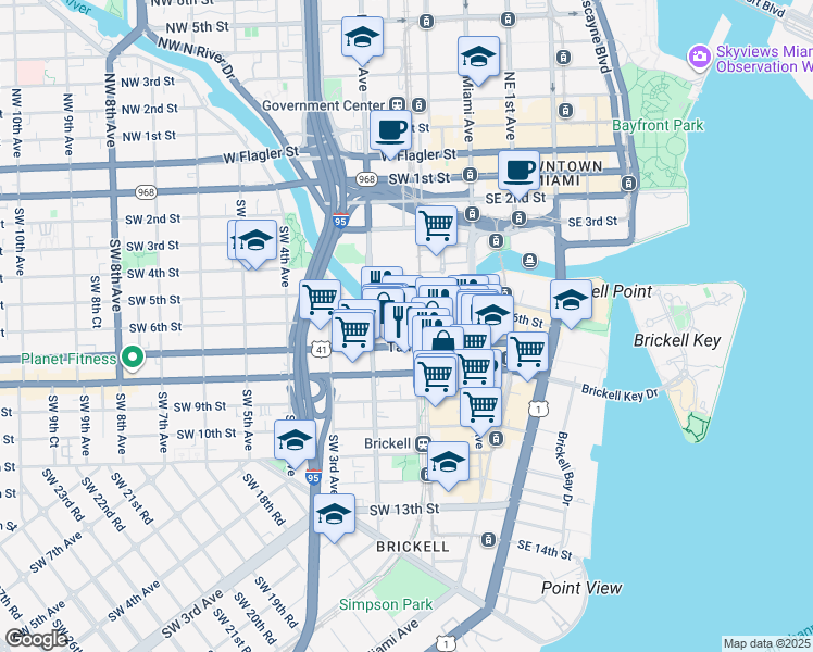 map of restaurants, bars, coffee shops, grocery stores, and more near 609 Southwest 1st Avenue in Miami