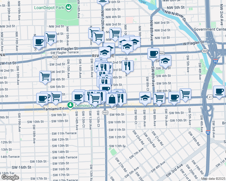 map of restaurants, bars, coffee shops, grocery stores, and more near 1160 Southwest 5th Street in Miami