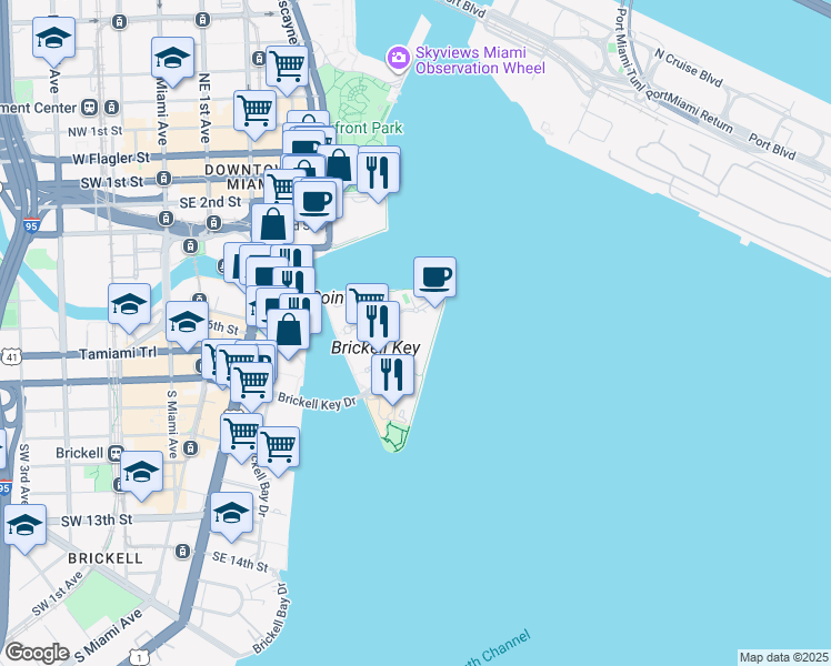 map of restaurants, bars, coffee shops, grocery stores, and more near 540 Brickell Key Drive in Miami