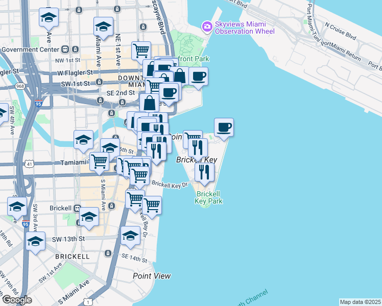 map of restaurants, bars, coffee shops, grocery stores, and more near 535 Brickell Key Drive in Miami