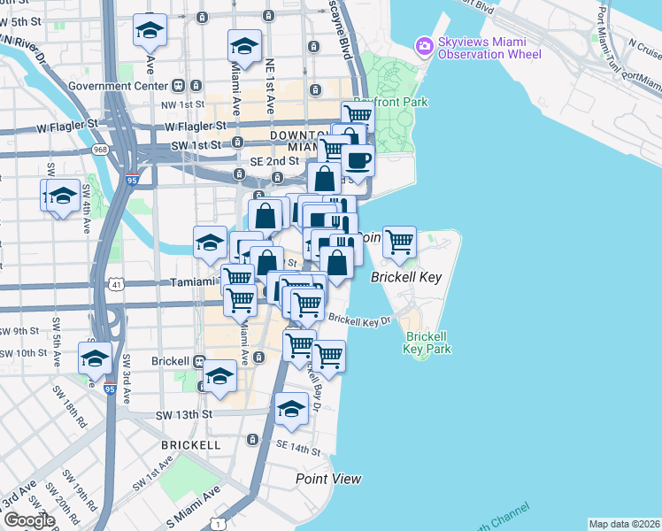 map of restaurants, bars, coffee shops, grocery stores, and more near 495 Brickell Avenue in Miami