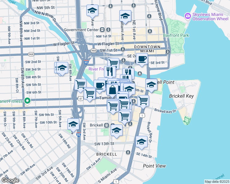 map of restaurants, bars, coffee shops, grocery stores, and more near 55 Southwest Miami Avenue Road in Miami
