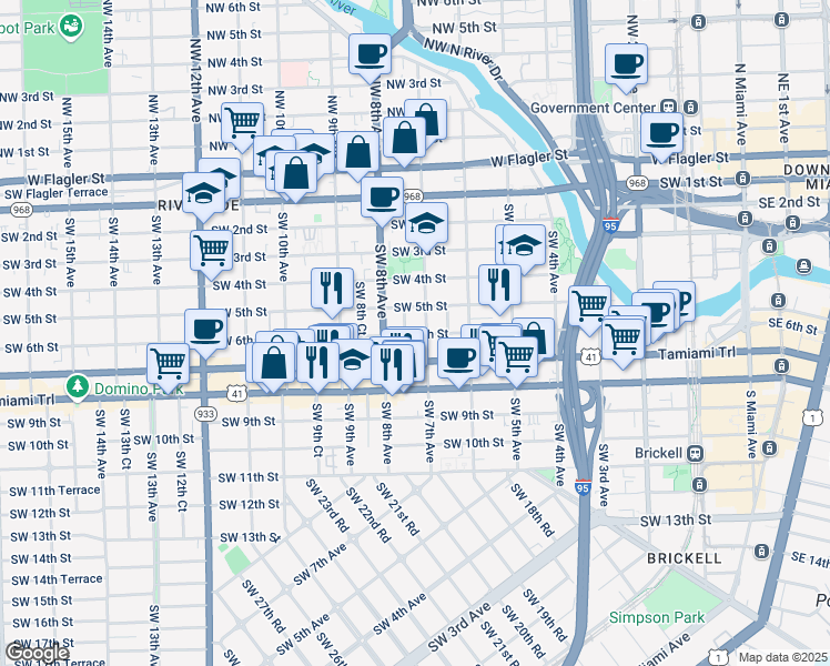 map of restaurants, bars, coffee shops, grocery stores, and more near in Miami