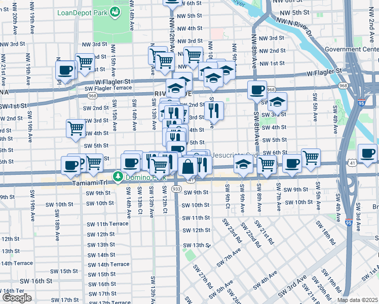 map of restaurants, bars, coffee shops, grocery stores, and more near 1160 Southwest 5th Street in Miami