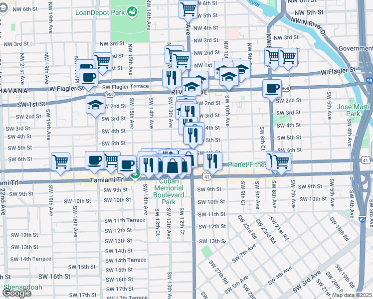 map of restaurants, bars, coffee shops, grocery stores, and more near 1250 Southwest 5th Street in Miami